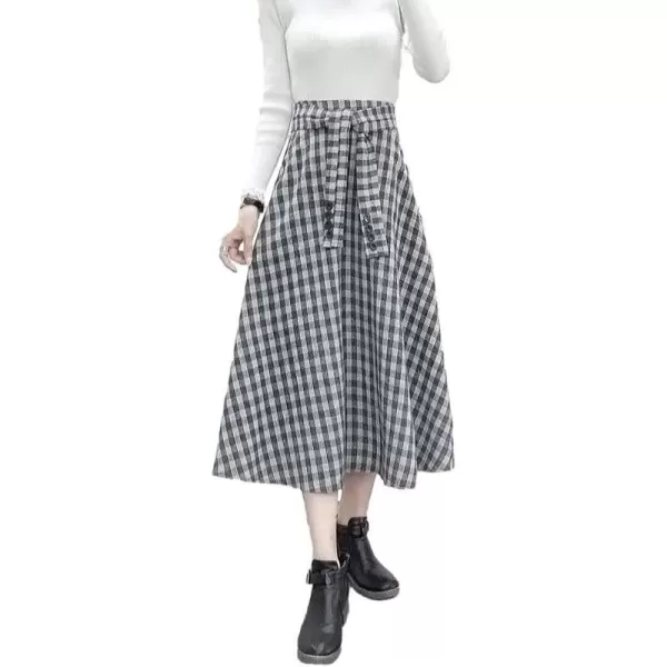 IDEALSANXUN Wool Plaid Midi Skirts for Women 2023 Fall Winter Elastic High Waisted A Line Flared Pleated Skirt with PocketsGrey