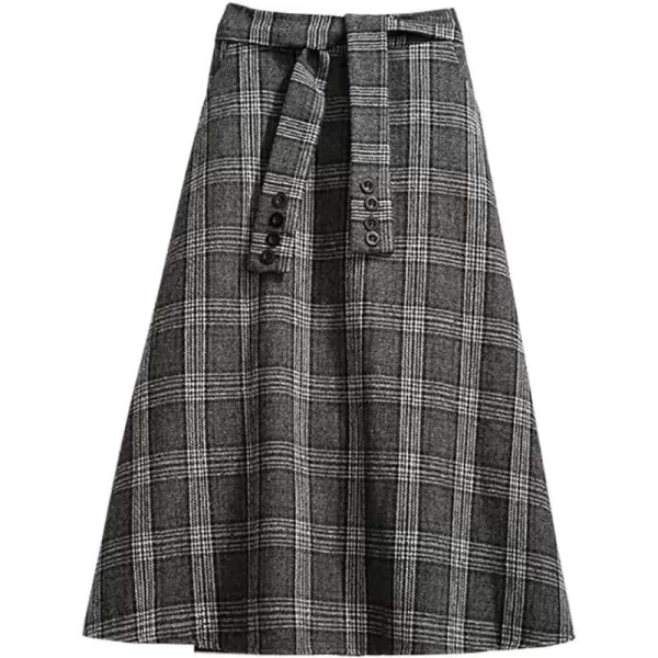 IDEALSANXUN Wool Plaid Midi Skirts for Womens A Line Elastic High Waisted Belted Warm Fall Winter SkirtsDary Grey