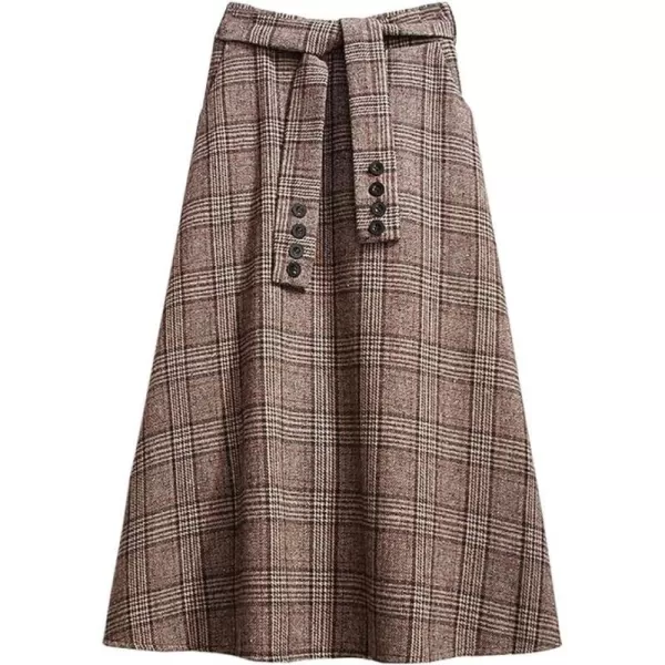 IDEALSANXUN Wool Plaid Midi Skirts for Womens A Line Elastic High Waisted Belted Warm Fall Winter SkirtsKhaki