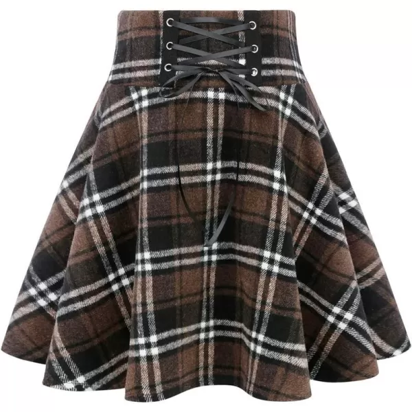 IDEALSANXUN Wool Plaid Mini Gothic Skirts for Womens High Waist Lace Up Short Pleated Skater SkirtsCoffee