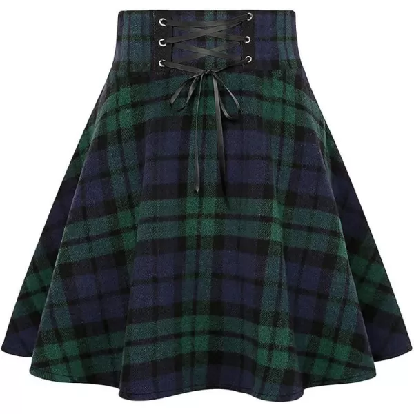 IDEALSANXUN Wool Plaid Mini Gothic Skirts for Womens High Waist Lace Up Short Pleated Skater SkirtsGreen