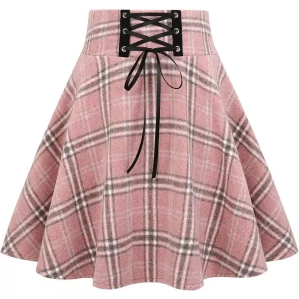 IDEALSANXUN Wool Plaid Mini Gothic Skirts for Womens High Waist Lace Up Short Pleated Skater SkirtsPink