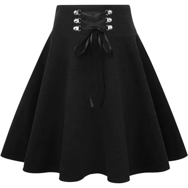 IDEALSANXUN Wool Plaid Mini Gothic Skirts for Womens High Waist Lace Up Short Pleated Skater SkirtsPure Black