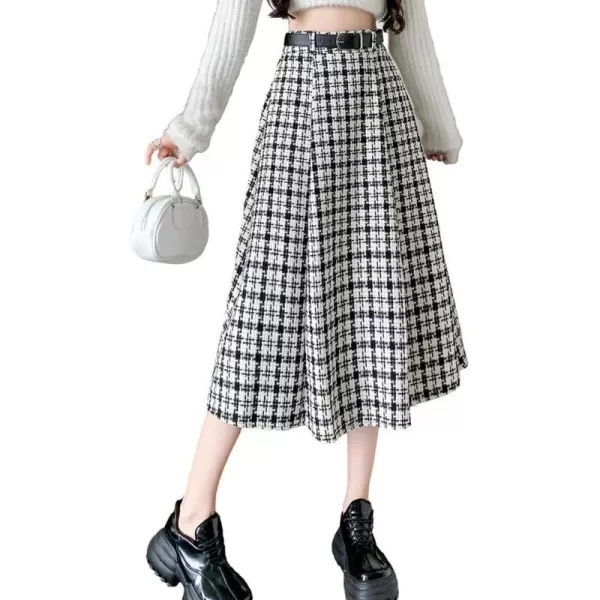 IDEALSANXUN Wool Plaid Skirt for Women High Waisted A Line Pleated Fall Winter Casual Long Midi SkirtBlack