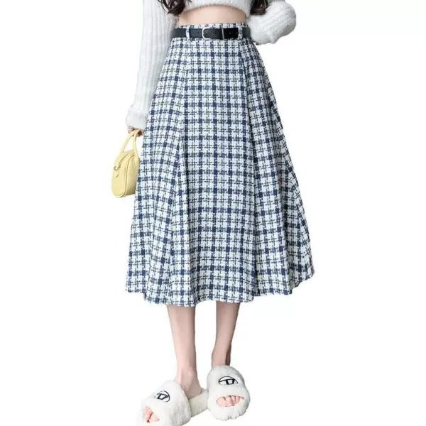 IDEALSANXUN Wool Plaid Skirt for Women High Waisted A Line Pleated Fall Winter Casual Long Midi SkirtBlue