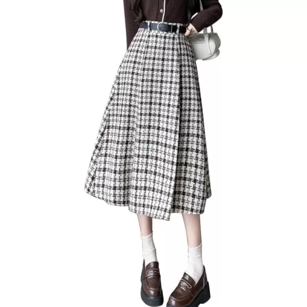 IDEALSANXUN Wool Plaid Skirt for Women High Waisted A Line Pleated Fall Winter Casual Long Midi SkirtCoffee