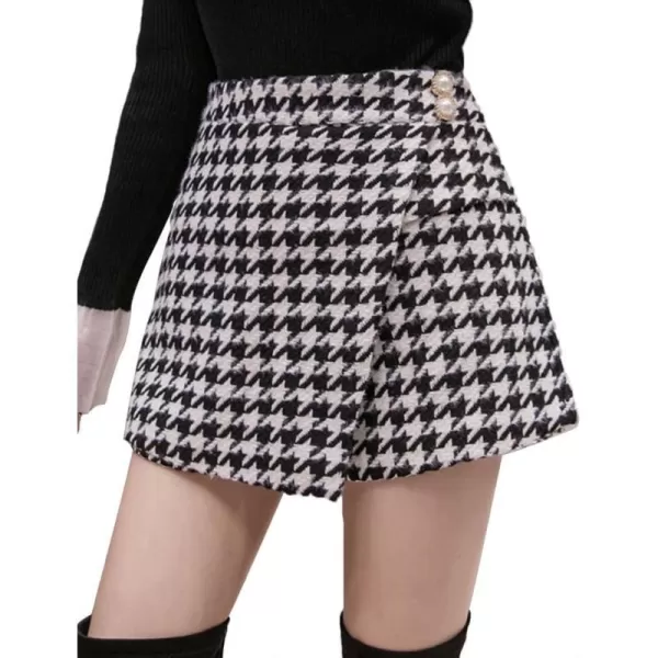 IDEALSANXUN Wool Plaid Skort for Women High Waisted Asymmetrical Hem Fall Winter Skirt ShortsBlack