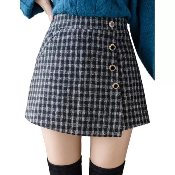 IDEALSANXUN Wool Plaid Skort for Women High Waisted Pencil Asymmetrical Fall Winter Skirt ShortsBlack