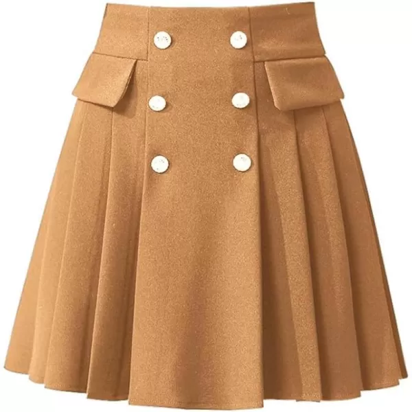 IDEALSANXUN Wool Pleated Knee Length Skirt for Women High Waisted Flared A Line Fall Winter Skirt2 Camel