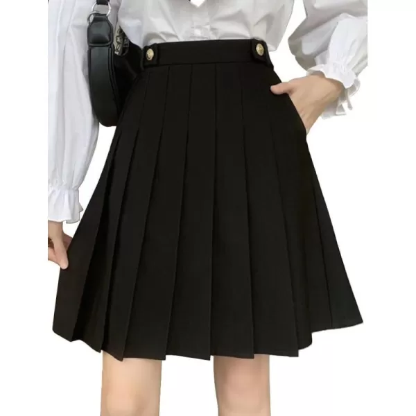 IDEALSANXUN Wool Pleated Knee Length Skirt for Women High Waisted Flared A Line Fall Winter SkirtBlack