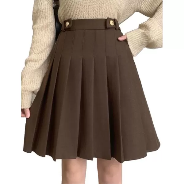 IDEALSANXUN Wool Pleated Knee Length Skirt for Women High Waisted Flared A Line Fall Winter SkirtCoffee