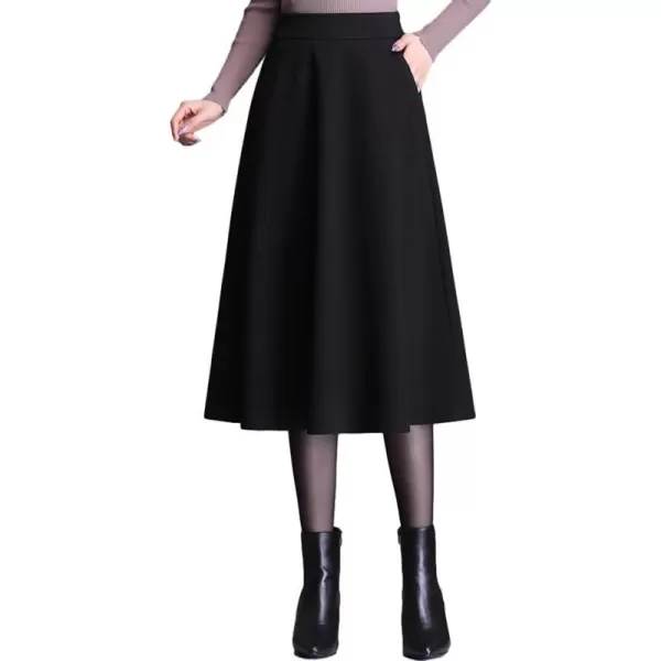 IDEALSANXUN Wool Skirts for Women Midi Length High Waisted A Line Swing SkirtBlack