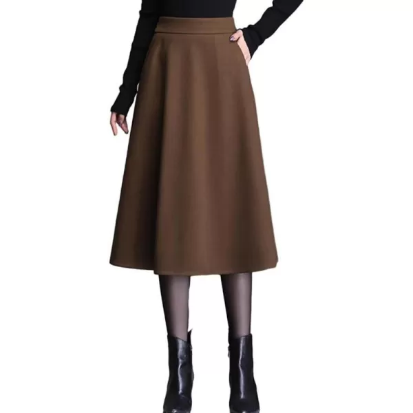 IDEALSANXUN Wool Skirts for Women Midi Length High Waisted A Line Swing SkirtCoffee