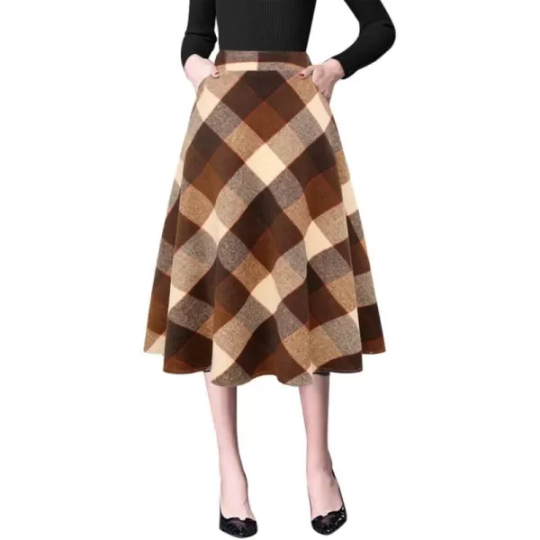 IDEALSANXUN Wool Skirts for Womens High Waist Aline Pleated Midi SkirtsBig Plaid Coffee