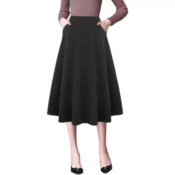 IDEALSANXUN Wool Skirts for Womens High Waist Aline Pleated Midi SkirtsPure Black