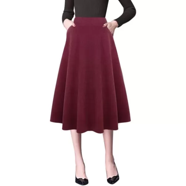 IDEALSANXUN Wool Skirts for Womens High Waist Aline Pleated Midi SkirtsPure Wine