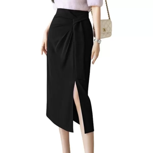 IDEALSANXUN Wrap Midi Skirt for Women High Waisted Ruched A Line Fall Winter Skirt with SlitBlack