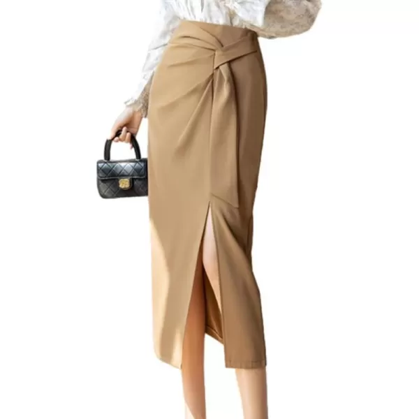 IDEALSANXUN Wrap Midi Skirt for Women High Waisted Ruched A Line Fall Winter Skirt with SlitKhaki