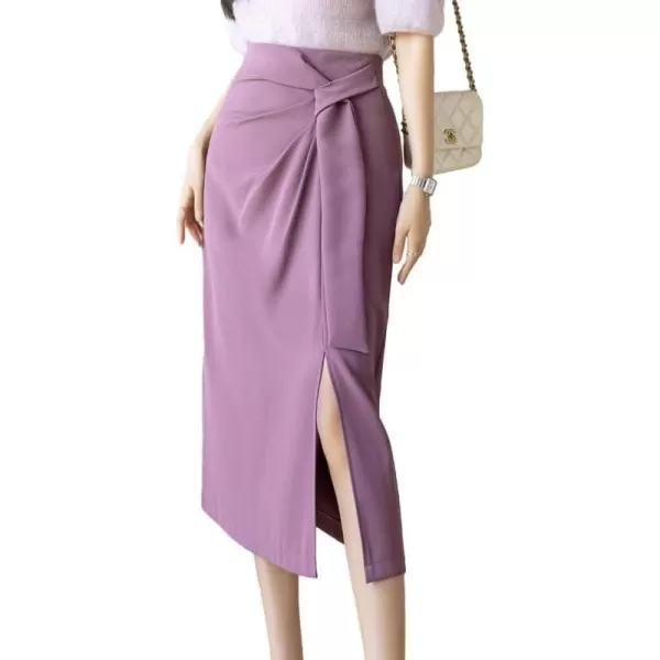 IDEALSANXUN Wrap Midi Skirt for Women High Waisted Ruched A Line Fall Winter Skirt with SlitLight Purple