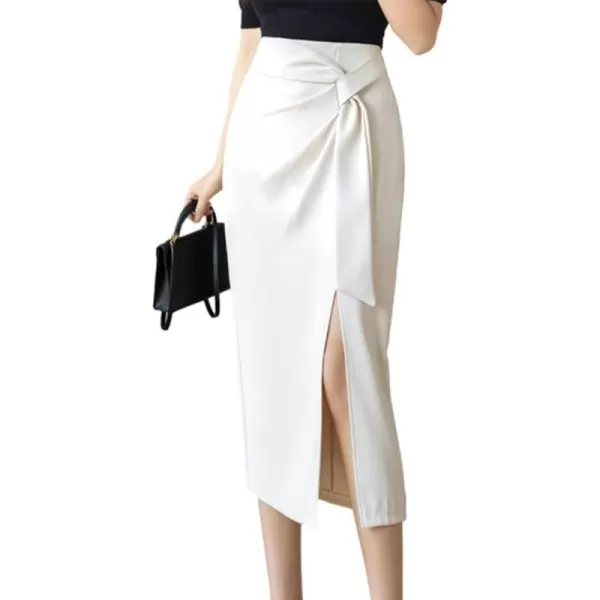 IDEALSANXUN Wrap Midi Skirt for Women High Waisted Ruched A Line Fall Winter Skirt with SlitWhite