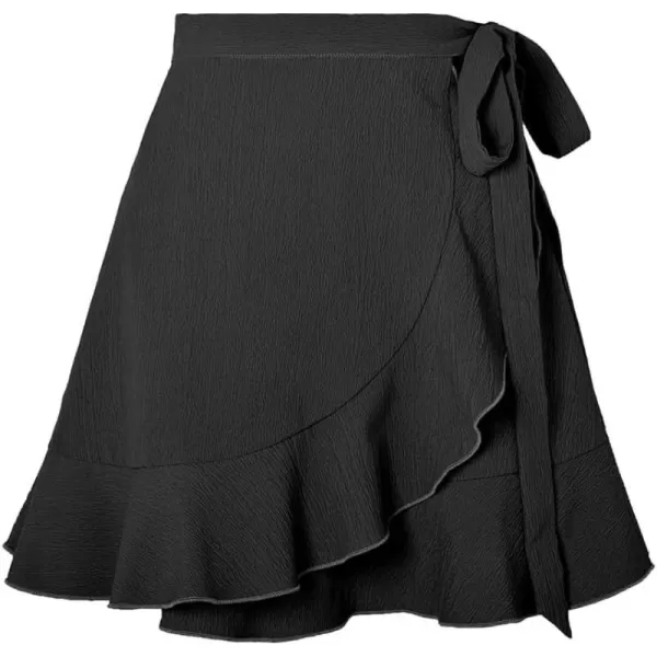 IDEALSANXUN Wrap Mini Skirt for Women High Waisted A Line Ruffle Tip Waisted Flowy Short Spring Summer SkirtBlack