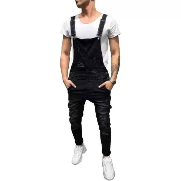 Mens Denim Bib Overalls Slim Fit Ripped Jean OverallsBlack