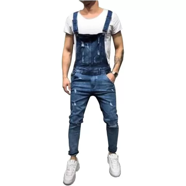 Mens Denim Bib Overalls Slim Fit Ripped Jean OverallsDark Blue