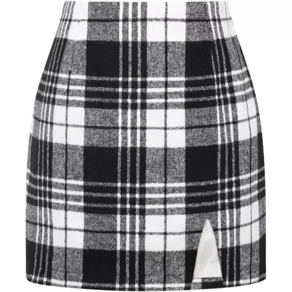 Plaid Mini Skirts for Womens High Waisted Fall Winter Wool Bodycon Pencil Skirts with SlitBlack