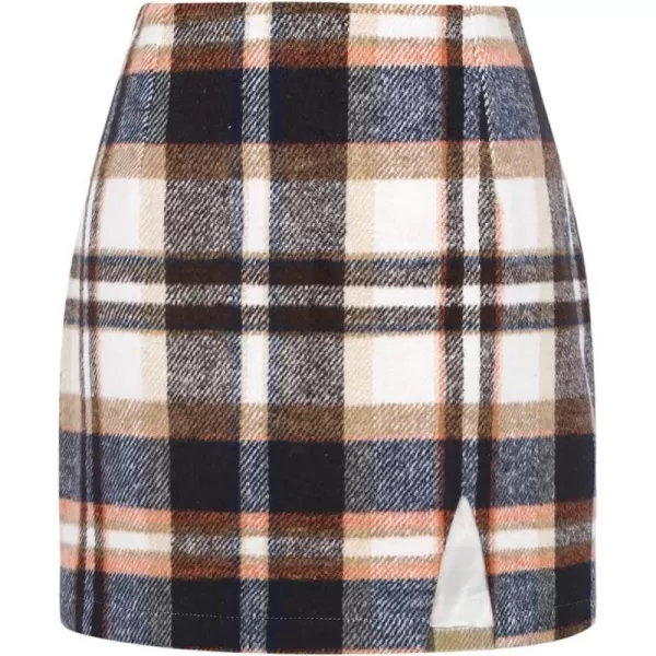 Plaid Mini Skirts for Womens High Waisted Fall Winter Wool Bodycon Pencil Skirts with SlitBrown