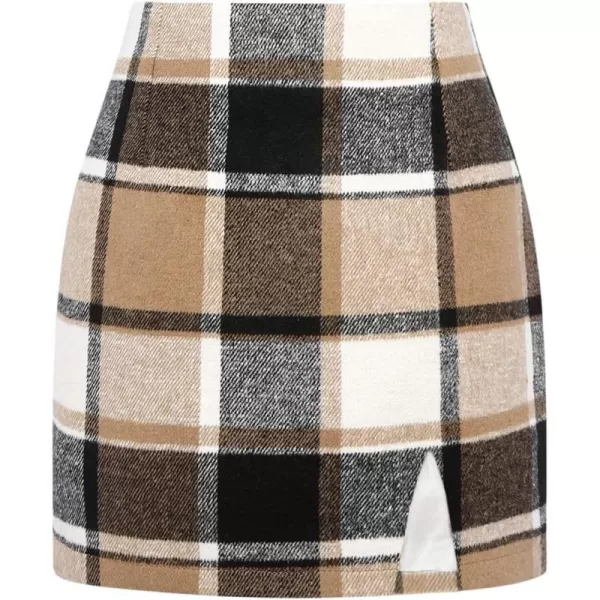 Plaid Mini Skirts for Womens High Waisted Fall Winter Wool Bodycon Pencil Skirts with SlitBrown New