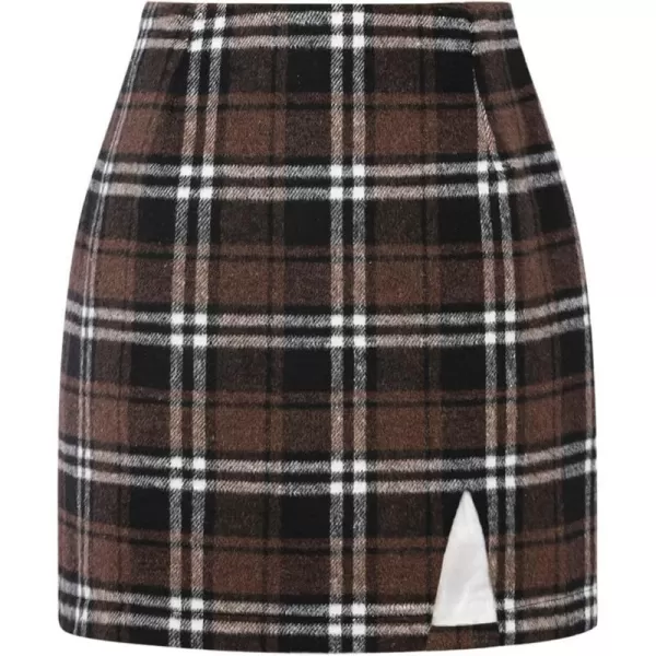 Plaid Mini Skirts for Womens High Waisted Fall Winter Wool Bodycon Pencil Skirts with SlitCoffee