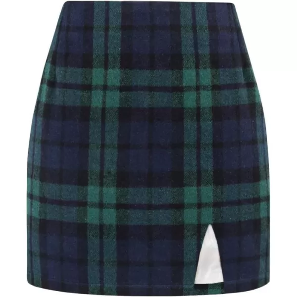 Plaid Mini Skirts for Womens High Waisted Fall Winter Wool Bodycon Pencil Skirts with SlitGreen