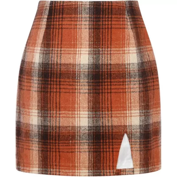 Plaid Mini Skirts for Womens High Waisted Fall Winter Wool Bodycon Pencil Skirts with SlitOrange