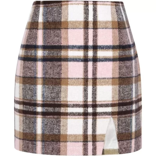 Plaid Mini Skirts for Womens High Waisted Fall Winter Wool Bodycon Pencil Skirts with SlitPink