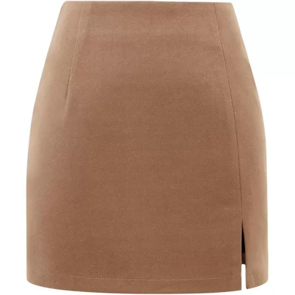 Plaid Mini Skirts for Womens High Waisted Fall Winter Wool Bodycon Pencil Skirts with SlitPure Camel