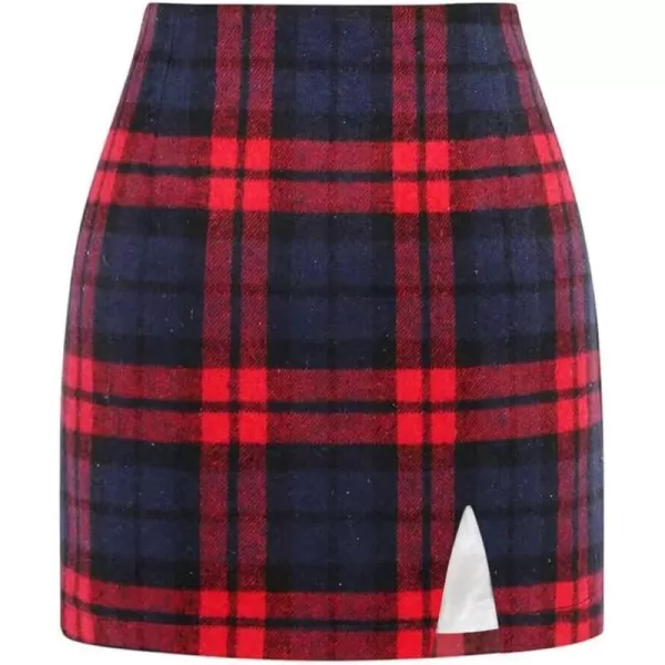 Plaid Mini Skirts for Womens High Waisted Fall Winter Wool Bodycon Pencil Skirts with SlitRed 01