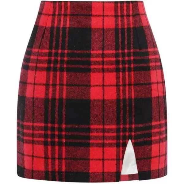 Plaid Mini Skirts for Womens High Waisted Fall Winter Wool Bodycon Pencil Skirts with SlitRed 02