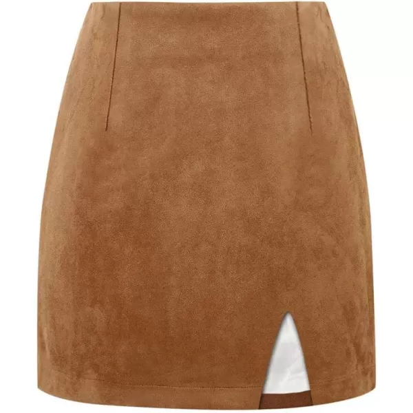 Plaid Mini Skirts for Womens High Waisted Fall Winter Wool Bodycon Pencil Skirts with SlitSuede Brown