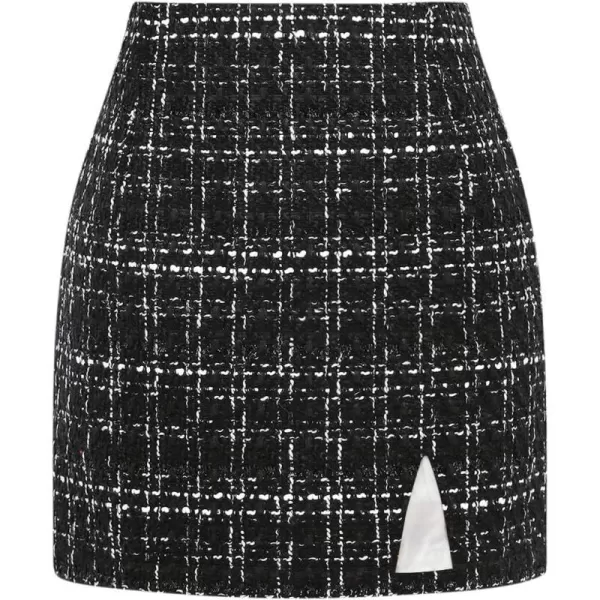 Plaid Mini Skirts for Womens High Waisted Fall Winter Wool Bodycon Pencil Skirts with SlitTweed Black