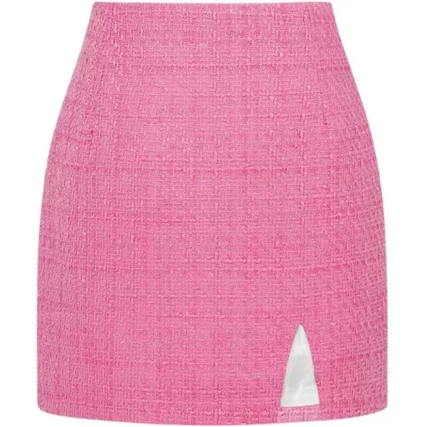 Plaid Mini Skirts for Womens High Waisted Fall Winter Wool Bodycon Pencil Skirts with SlitTweed Pink