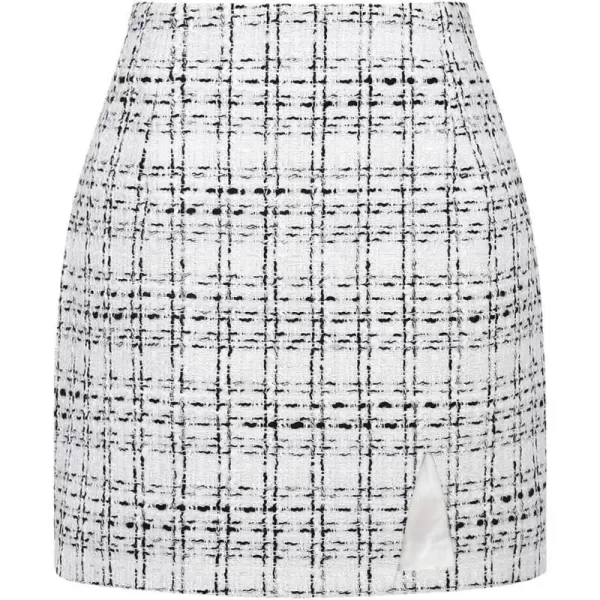 Plaid Mini Skirts for Womens High Waisted Fall Winter Wool Bodycon Pencil Skirts with SlitTweed White