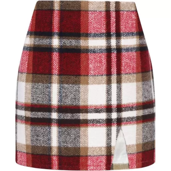 Plaid Mini Skirts for Womens High Waisted Fall Winter Wool Bodycon Pencil Skirts with SlitWine