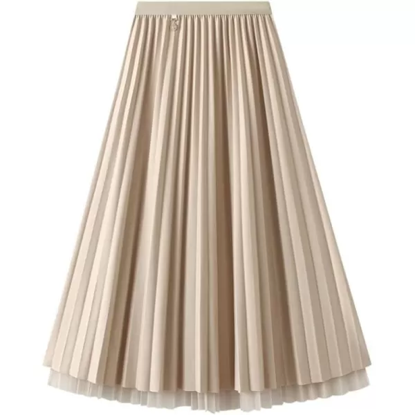 Womens Layered Mesh Tulle Pleated Skirt Fall Winter High Waisted ALine Reversible Long SkirtApricot