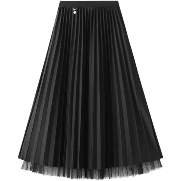 Womens Layered Mesh Tulle Pleated Skirt Fall Winter High Waisted ALine Reversible Long SkirtBlack