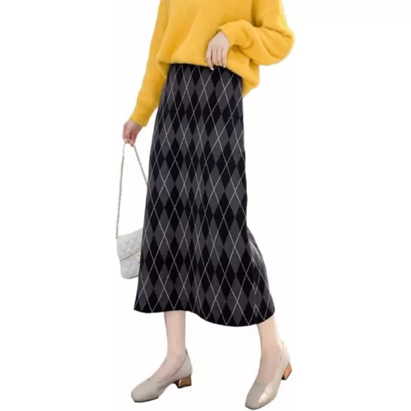 Womens Sweater Knit Plaid Skirt Fall Winter High Waisted ALine Midi SkirtDark Grey