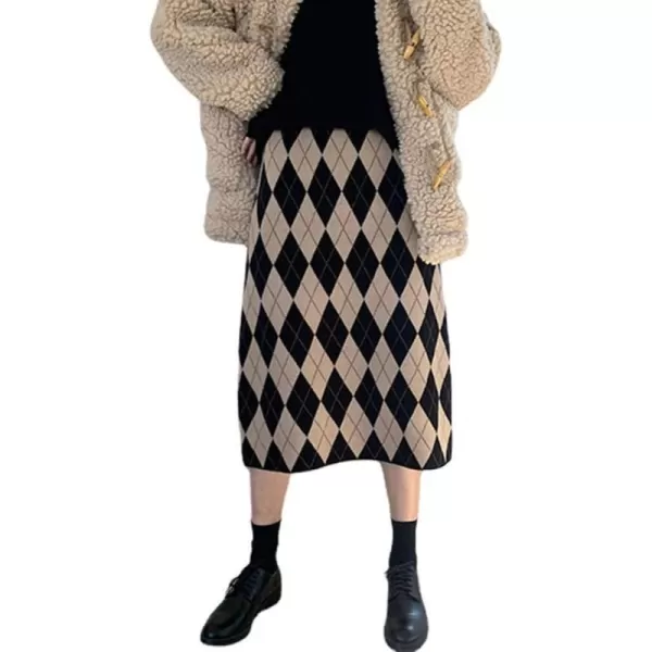 Womens Sweater Knit Plaid Skirt Fall Winter High Waisted ALine Midi SkirtKhaki