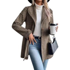 imageIDEALSANXUN Long Wool Plaid Blazer for Women Fall Outfits Winter Trench Coat Long Sleeve Casual Dressy Lapel Jacket PeacoatBeige Brown