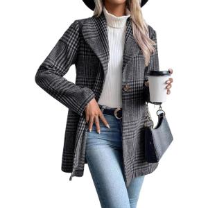 imageIDEALSANXUN Long Wool Plaid Blazer for Women Fall Outfits Winter Trench Coat Long Sleeve Casual Dressy Lapel Jacket PeacoatGrey