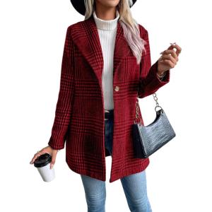 imageIDEALSANXUN Long Wool Plaid Blazer for Women Fall Outfits Winter Trench Coat Long Sleeve Casual Dressy Lapel Jacket PeacoatWine