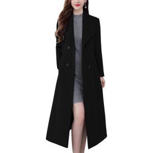 imageIDEALSANXUN Womens Shawl Collar Long Wool Coats Fall Winter Double Breasted Trench CoatBlack